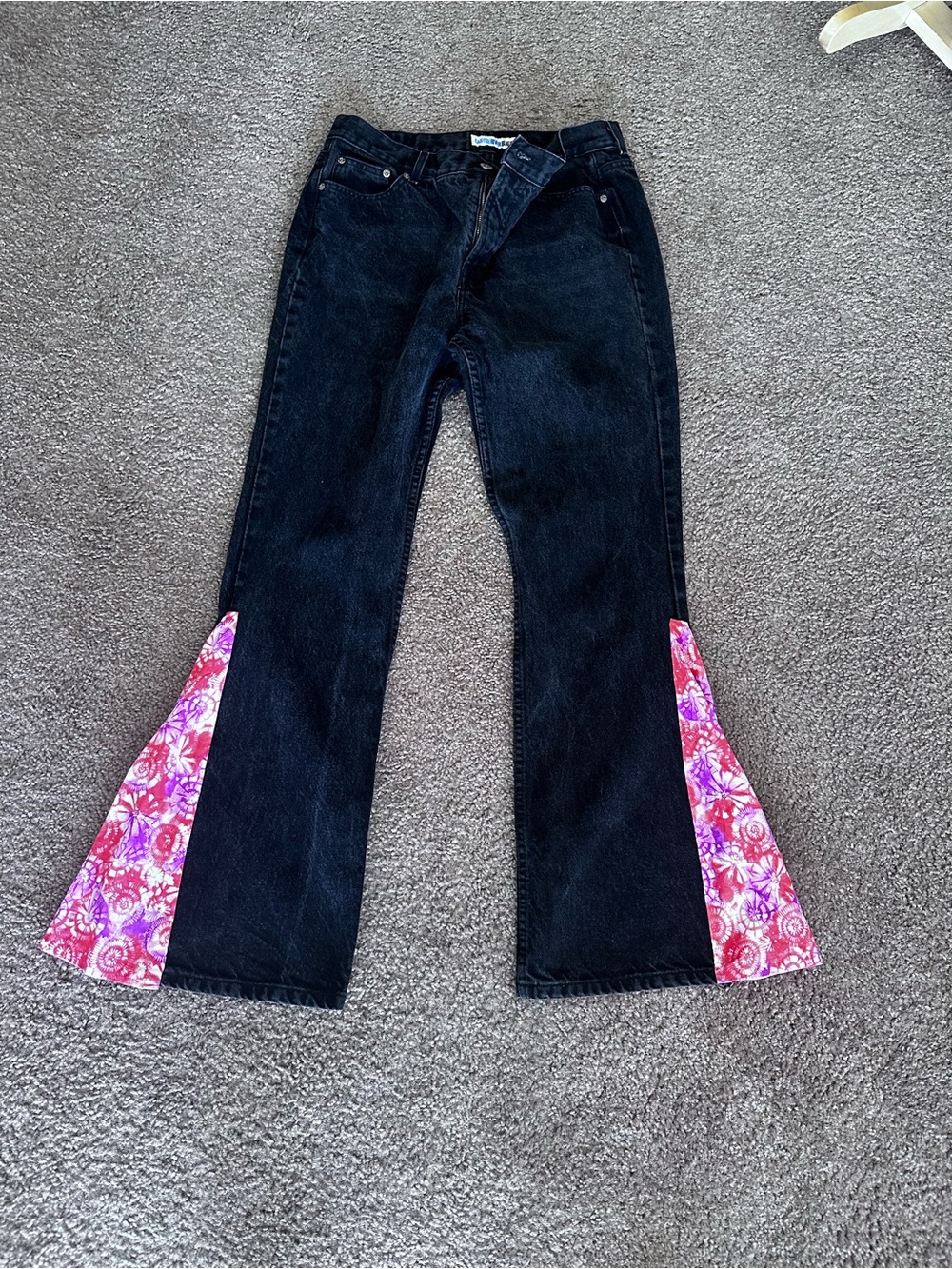 Vintage Black Flare Jeans with Pink Floral Panels high waisted upcycled